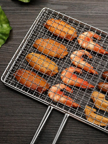 Square Folding BBQ Grill Basket, Non-Stick Metal Mesh with Long Handle, 8 Sizes