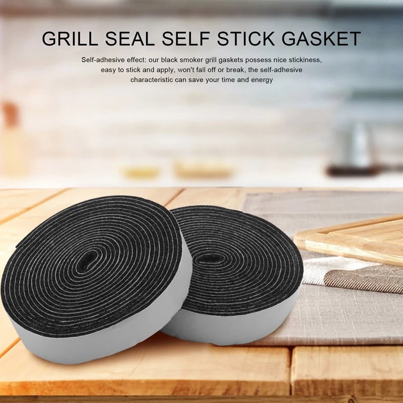 Self-Adhesive BBQ Smoker Gasket Tape, Polyester, 450 x 2.8 cm, 3 mm, Black, 2 Pack