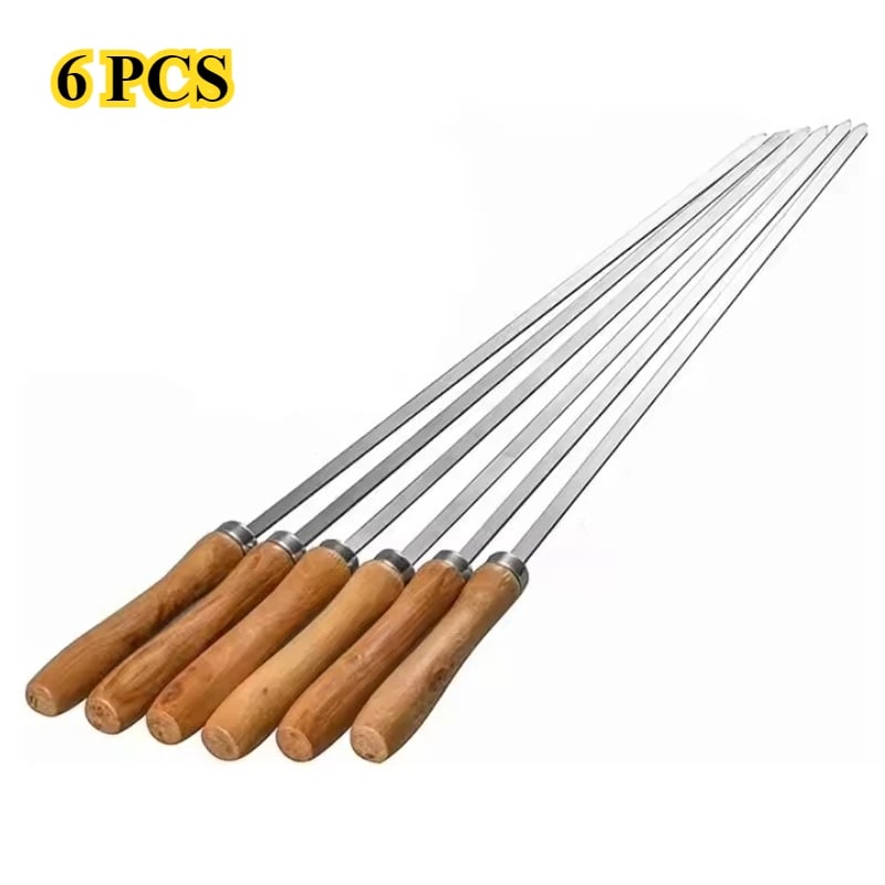 Stainless Steel BBQ Skewers with Wooden Handles, 6 Pack, 42cm or 55cm