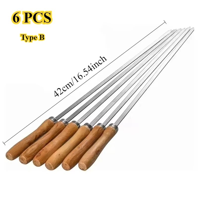 Stainless Steel BBQ Skewers, 6 Pack with Wooden Handles, 42cm or 55cm - Type B-42CM