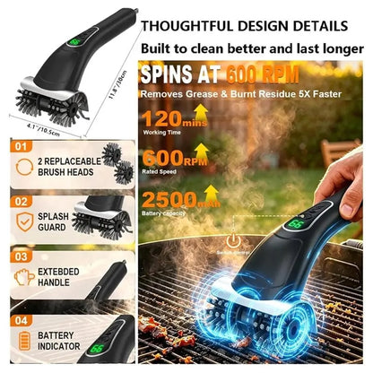Rechargeable BBQ Grill Cleaning Brush with Long Handle, Black