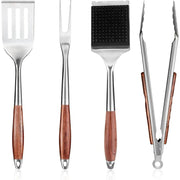Stainless Steel BBQ Tool Set with Wooden Handles, Spatula, Fork, Brush and Tongs, 3 or 4 Piece