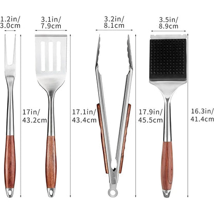 Stainless Steel BBQ Tool Set with Wooden Handles, Spatula, Fork, Brush and Tongs, 3 or 4 Piece
