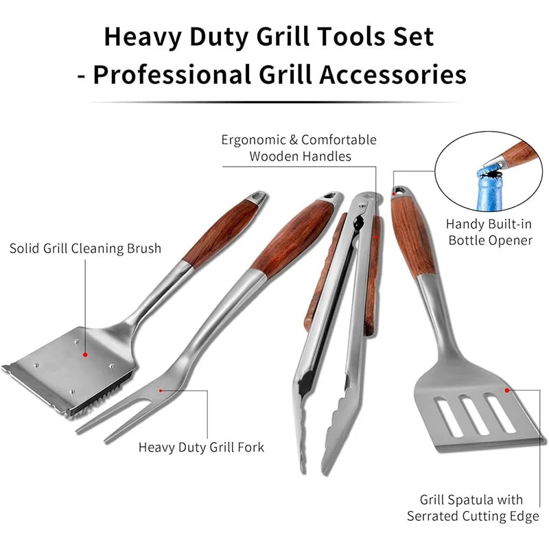 Stainless Steel BBQ Tool Set with Wooden Handles, Spatula, Fork, Brush and Tongs, 3 or 4 Piece