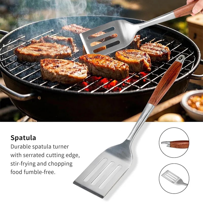 Stainless Steel BBQ Tool Set with Wooden Handles, Spatula, Fork, Brush and Tongs, 3 or 4 Piece