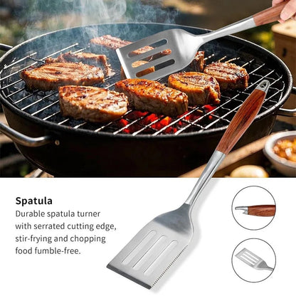 Stainless Steel BBQ Tool Set with Wooden Handles, Spatula, Fork, Brush and Tongs, 3 or 4 Piece