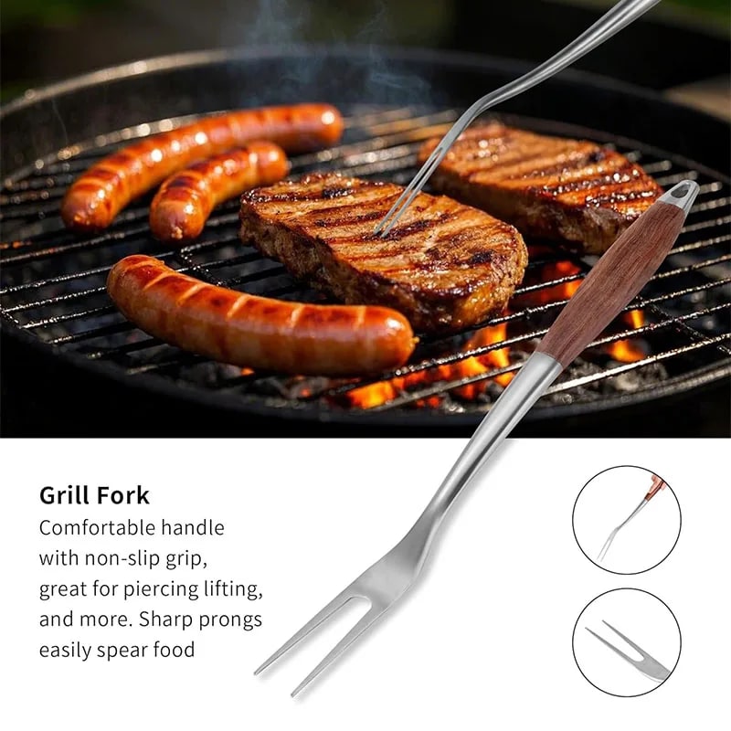 Stainless Steel BBQ Tool Set with Wooden Handles, Spatula, Fork, Brush and Tongs, 3 or 4 Piece