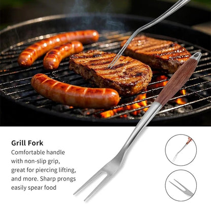 Stainless Steel BBQ Tool Set with Wooden Handles, Spatula, Fork, Brush and Tongs, 3 or 4 Piece