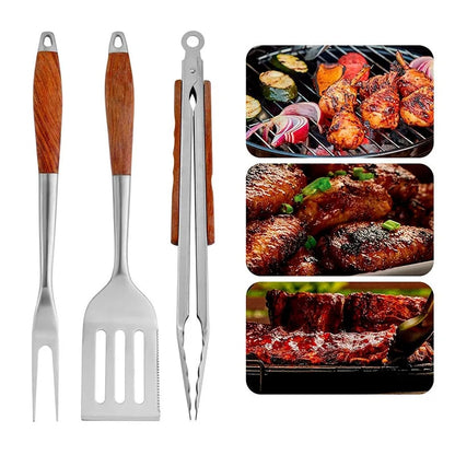 Stainless Steel BBQ Tool Set with Wooden Handles, Spatula, Fork, Brush and Tongs, 3 or 4 Piece