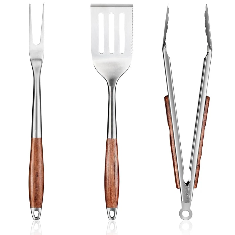 Stainless Steel BBQ Tool Set with Wooden Handles, Spatula, Fork, Brush and Tongs, 3 or 4 P - 3PCS