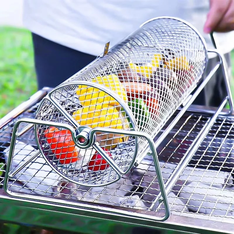 Stainless Steel BBQ Rolling Grill Basket Rotisserie Cage, Silver