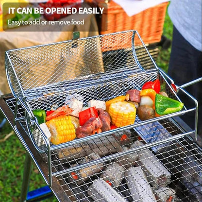 Stainless Steel BBQ Rolling Grill Basket Rotisserie Cage, Silver