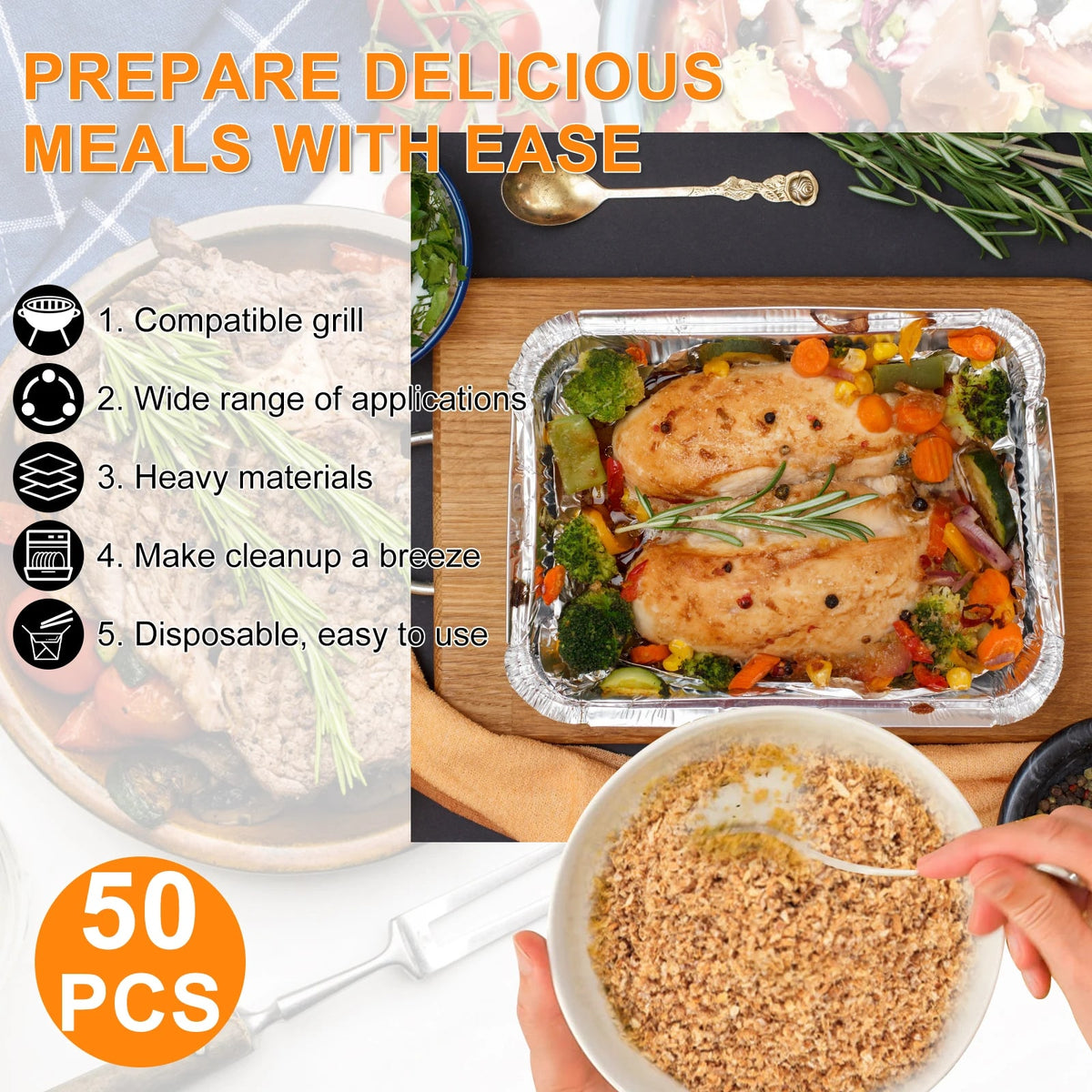 50 Silver Aluminium Foil BBQ Trays, 1100ml, 22 x 16 x 5cm, Non-Stick