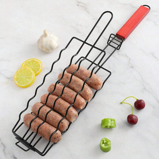 Stainless Steel Hot Dog Grill Basket with Wooden Handle, 48.5cm