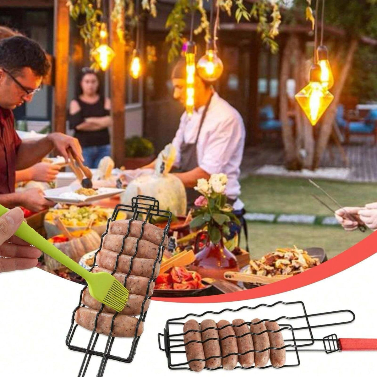 Stainless Steel Hot Dog Grill Basket with Wooden Handle, 48.5cm