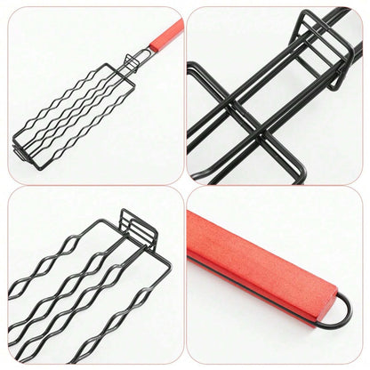 Stainless Steel Hot Dog Grill Basket with Wooden Handle, 48.5cm
