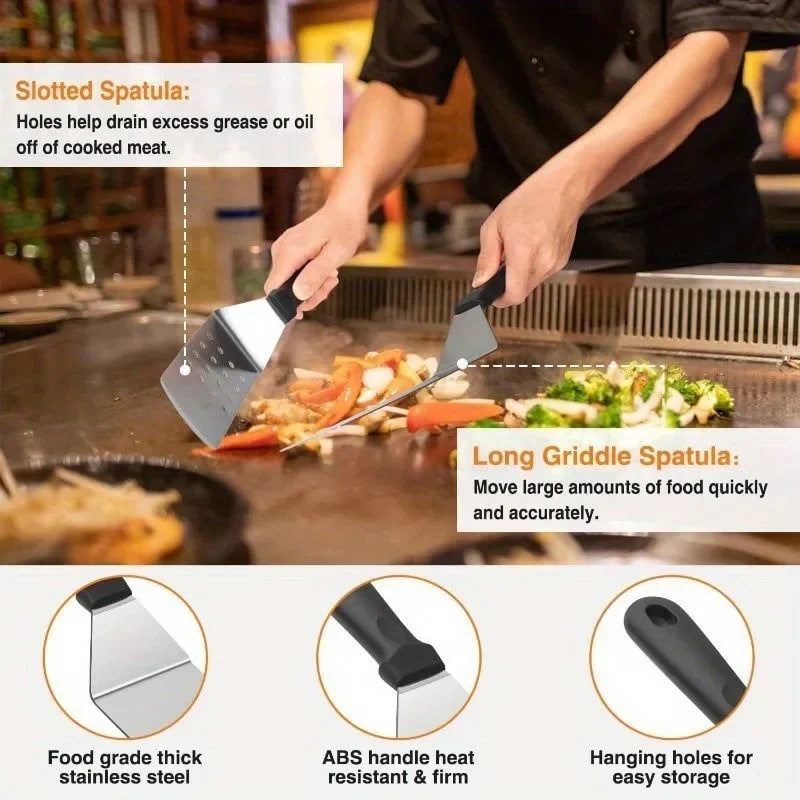 8-Piece Stainless Steel Griddle Tool Set with Spatulas, Scraper and Storage Bag