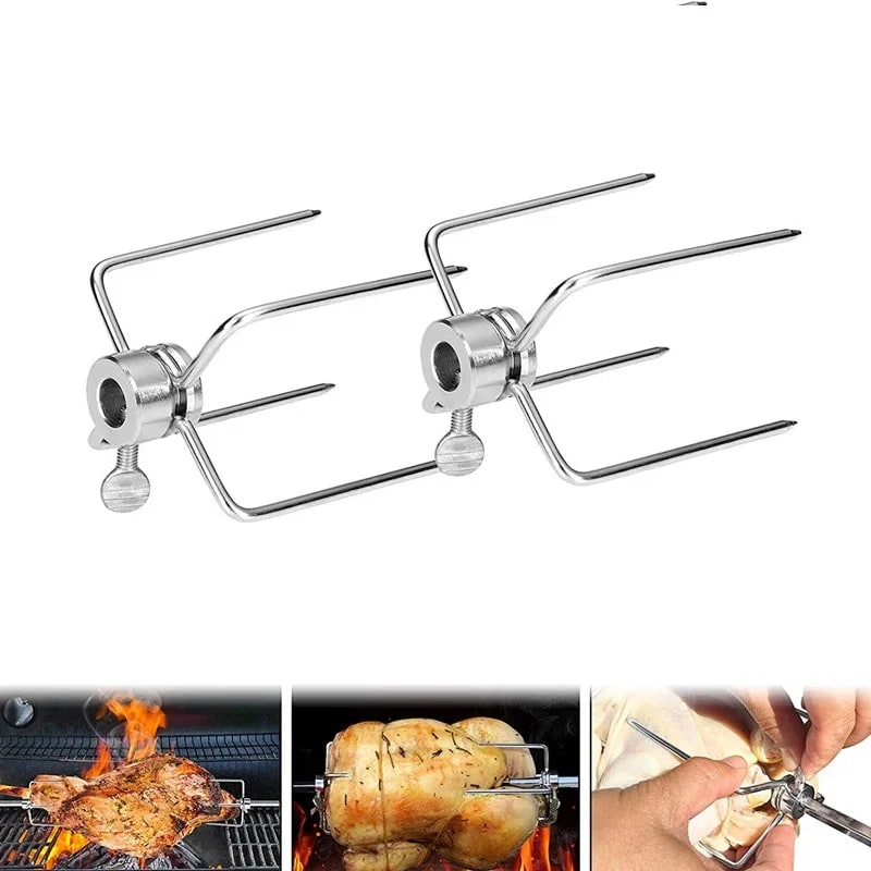 Rotisserie Meat Forks, Stainless Steel, 4-Prong, 2 Pack for 1/2-Inch Square Spit Rods