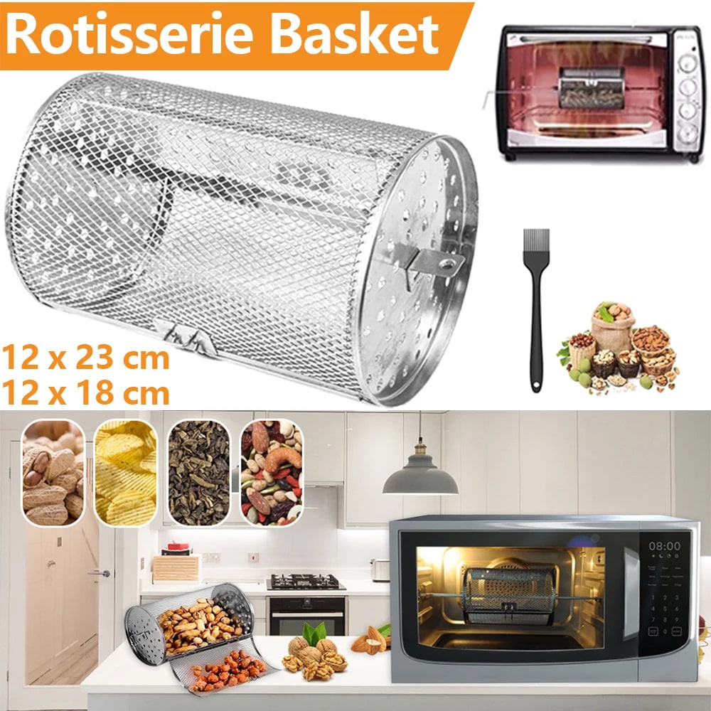 Rotisserie Basket 360° Rotating Stainless Steel Mesh, 12 x 18 cm or 12 x 23 cm