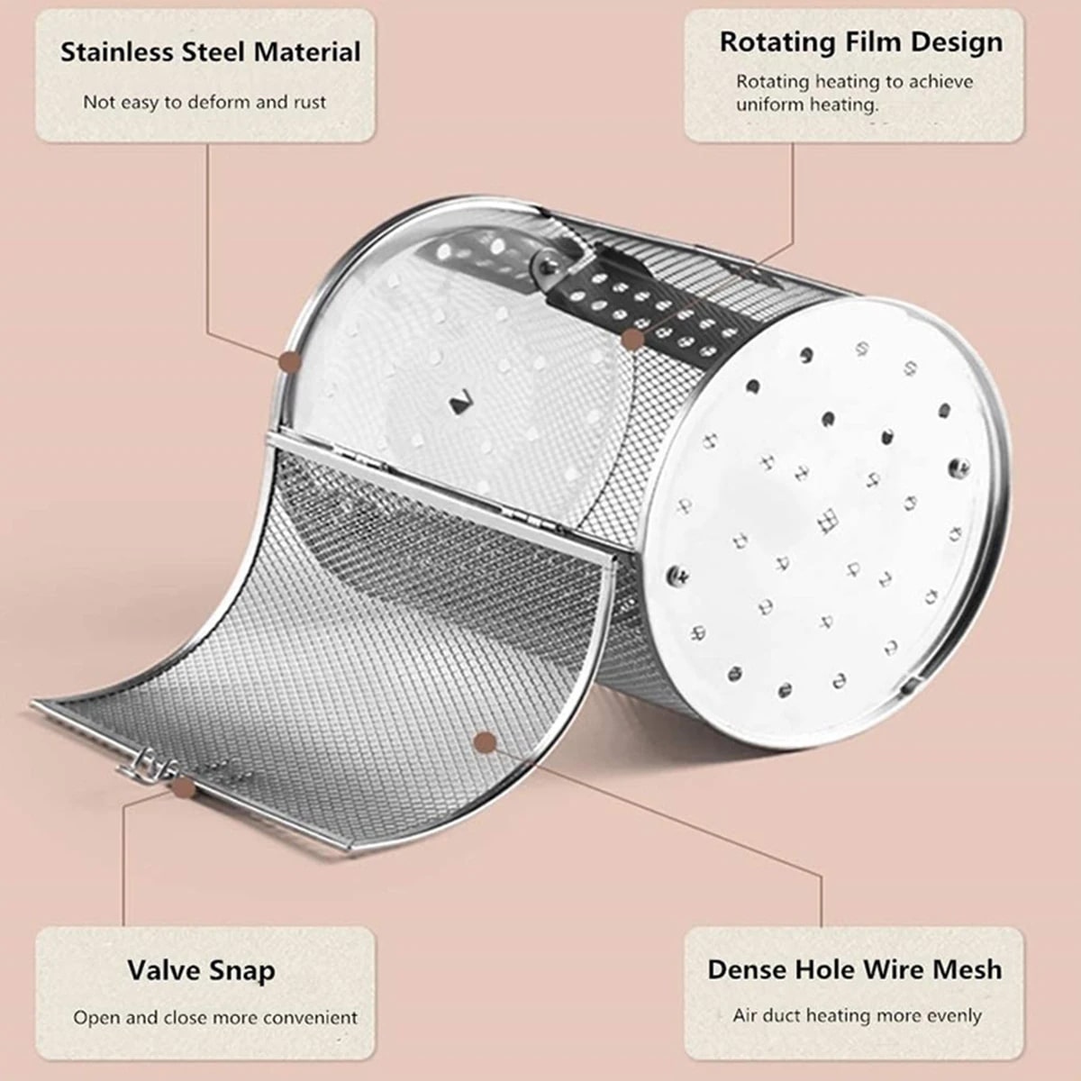 Rotisserie Basket 360° Rotating Stainless Steel Mesh, 12 x 18 cm or 12 x 23 cm