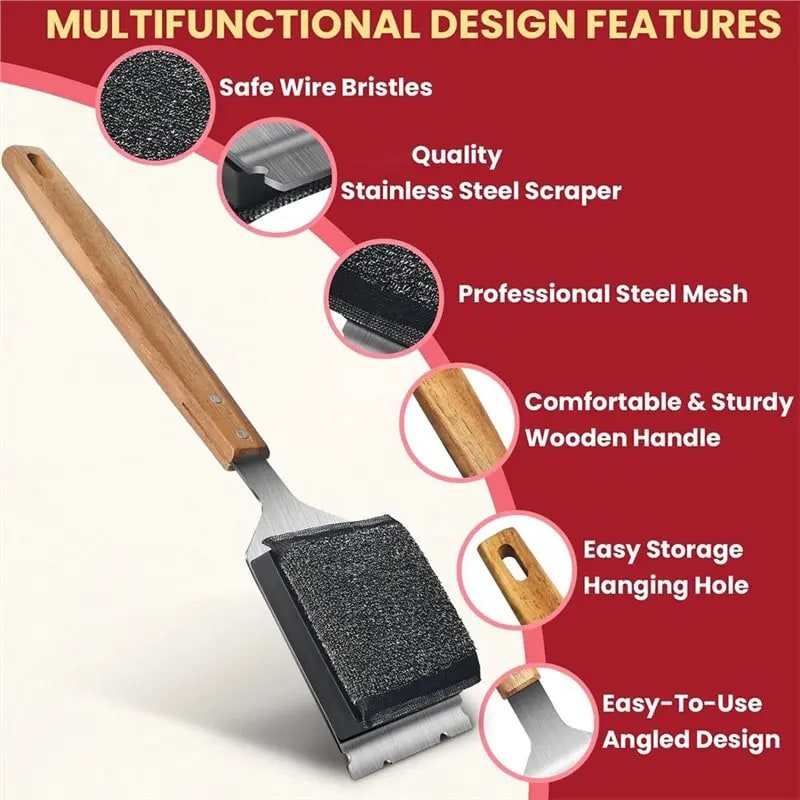 Bristle-Free BBQ Grill Brush with 410 Stainless Steel Scraper and Replaceable Head