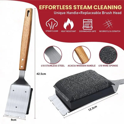 Bristle-Free BBQ Grill Brush with 410 Stainless Steel Scraper and Replaceable Head