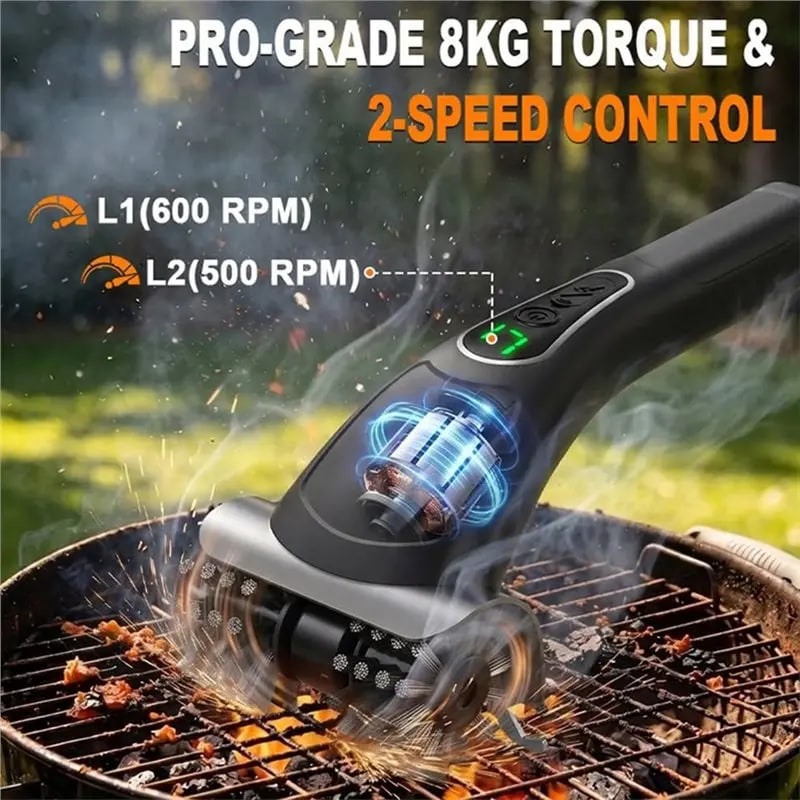 Rechargeable Electric BBQ Grill Brush with Long Handle, Black Metal and Plastic