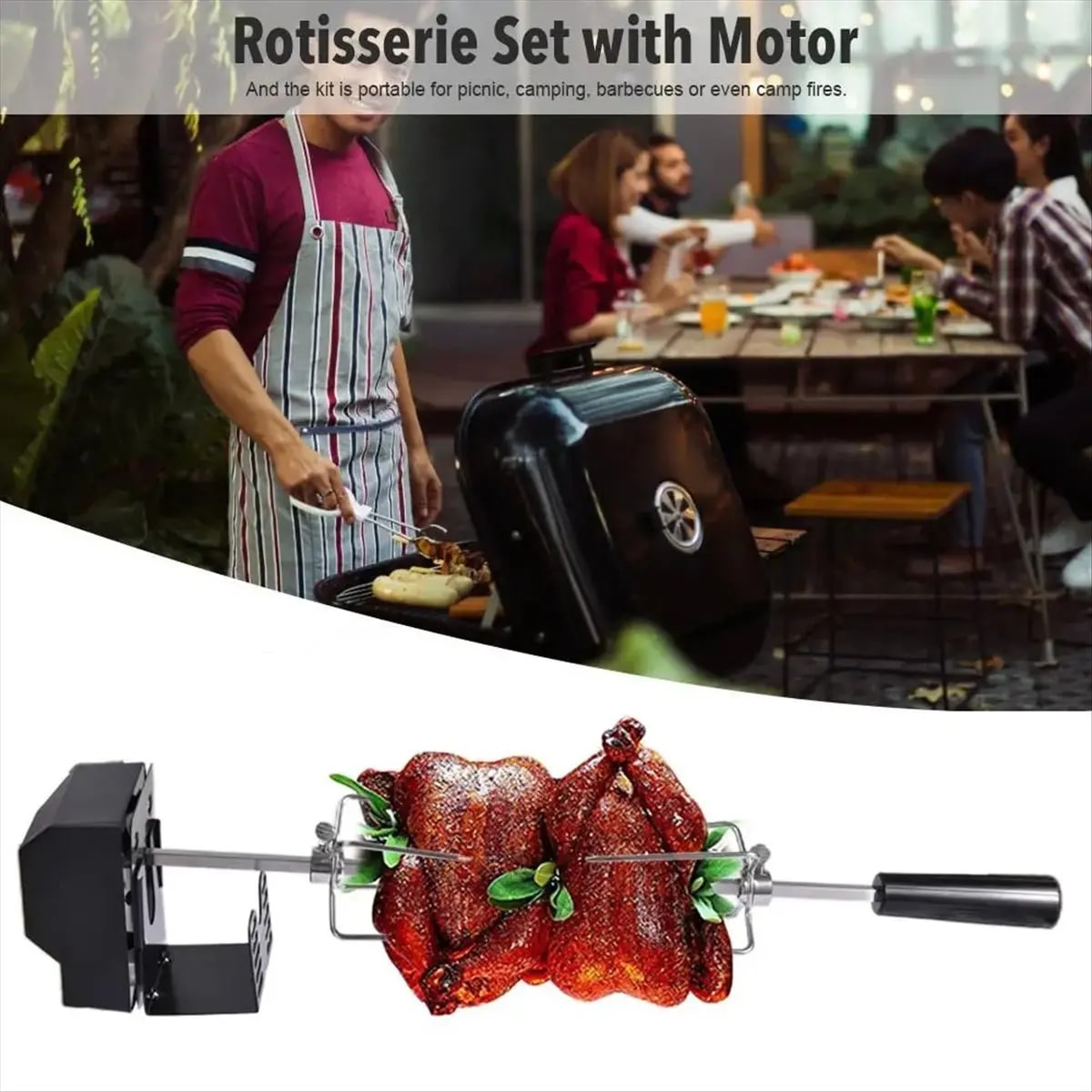 Rotisserie Kit with Motor, 82 cm Stainless Steel BBQ Spit, AC110V US Plug