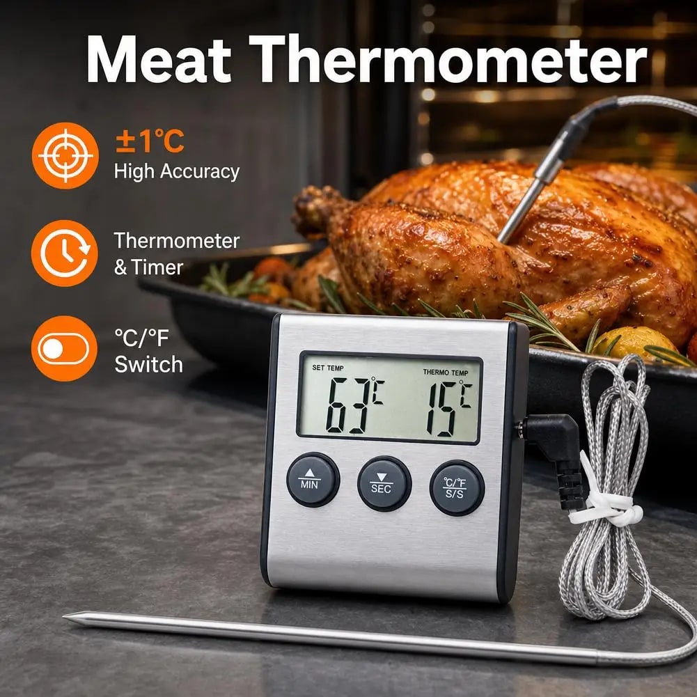 Digital Meat Thermometer with Stainless Steel Probe, BBQ Grill and Oven Timer