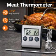 Digital Meat Thermometer with Stainless Steel Probe, BBQ Grill and Oven Timer