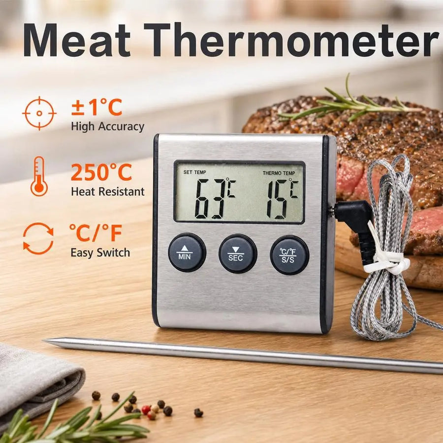 Digital Meat Thermometer with Stainless Steel Probe, BBQ Grill and Oven Timer