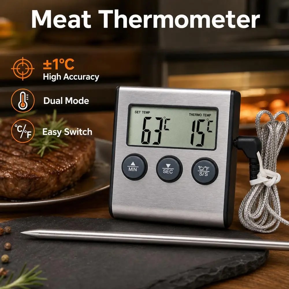 Digital Meat Thermometer with Stainless Steel Probe, BBQ Grill and Oven Timer