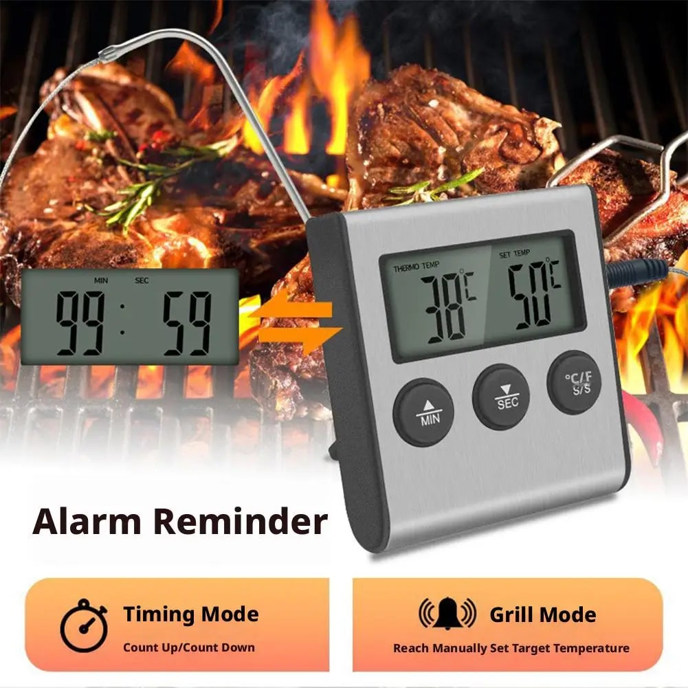 Digital Meat Thermometer with Stainless Steel Probe, BBQ Grill and Oven Timer