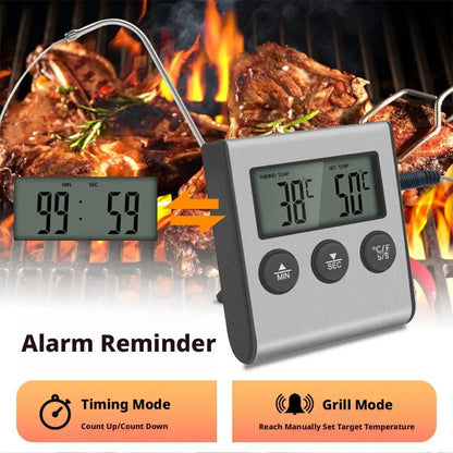 Digital Meat Thermometer with Stainless Steel Probe, BBQ Grill and Oven Timer