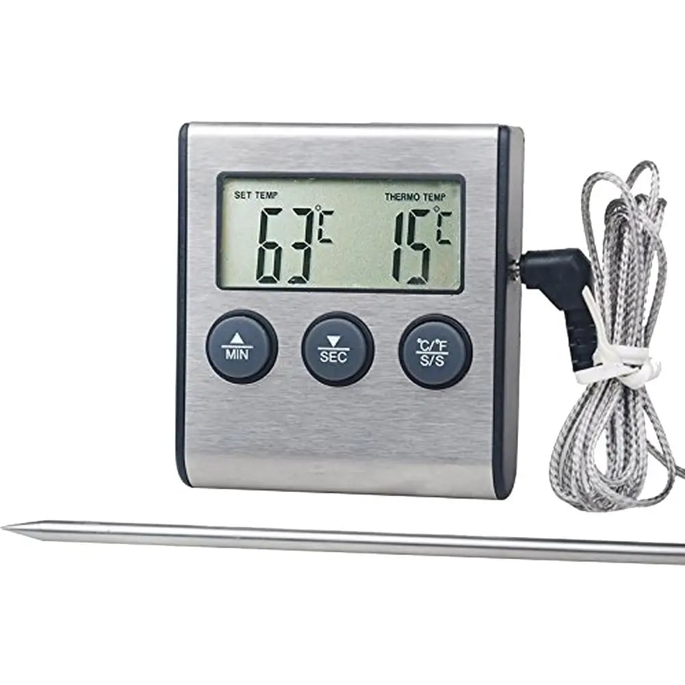 Digital Meat Thermometer with Stainless Steel Probe, BBQ Grill and Oven Timer