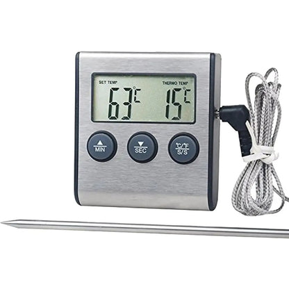 Digital Meat Thermometer with Stainless Steel Probe, BBQ Grill and Oven Timer