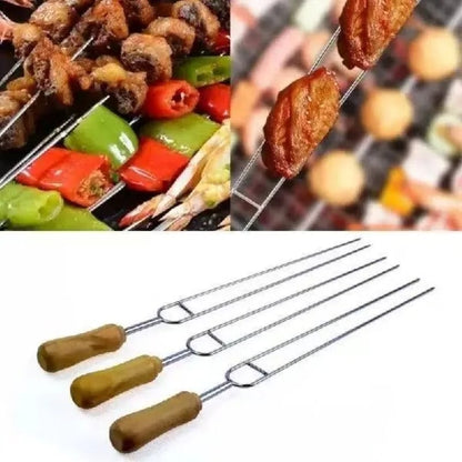 6 Stainless Steel BBQ Skewers with Wooden Handles, Double-Prong Forks, 39cm