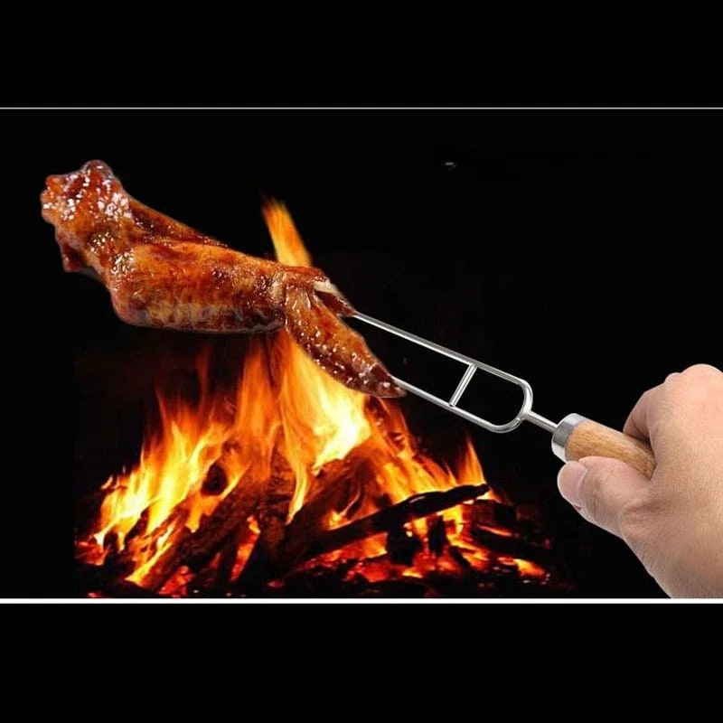 6 Stainless Steel BBQ Skewers with Wooden Handles, Double-Prong Forks, 39cm