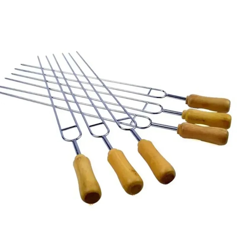 6 Stainless Steel BBQ Skewers with Wooden Handles, Double-Prong Forks, 39cm