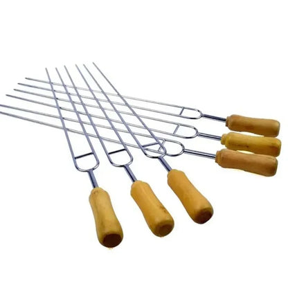 6 Stainless Steel BBQ Skewers with Wooden Handles, Double-Prong Forks, 39cm