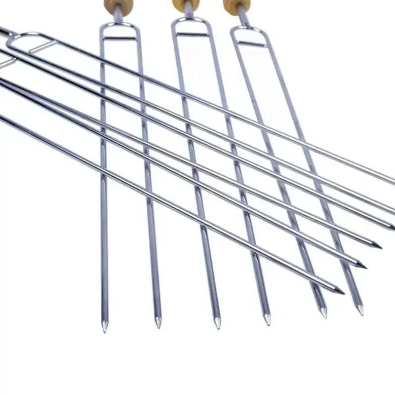 6 Stainless Steel BBQ Skewers with Wooden Handles, Double-Prong Forks, 39cm