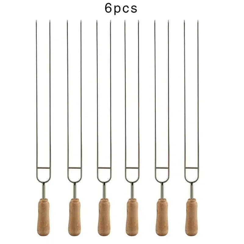 6 Stainless Steel BBQ Skewers with Wooden Handles, Double-Prong Forks, 39cm