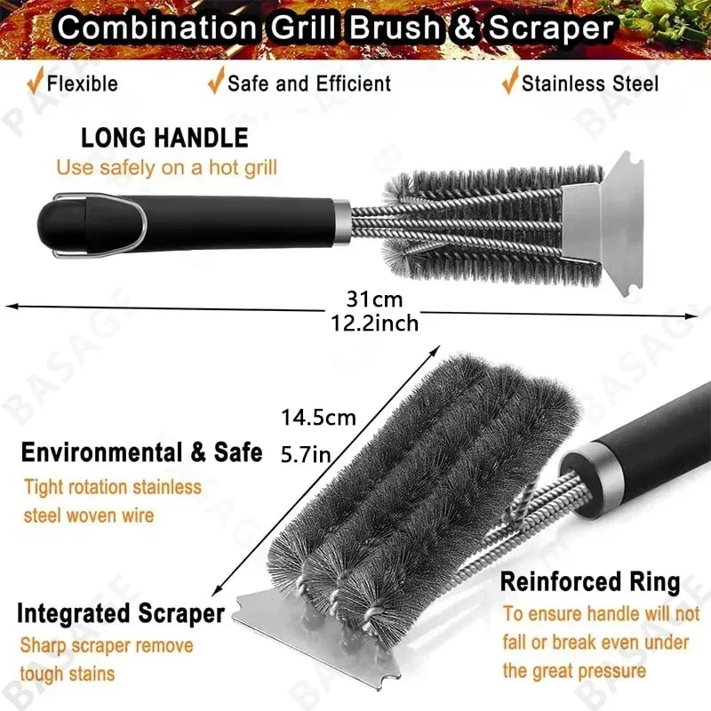 2-in-1 Stainless Steel BBQ Grill Brush and Scraper, Heat-Resistant, 12 Inch