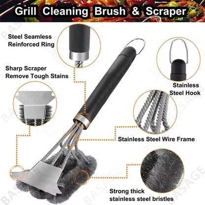 2-in-1 Stainless Steel BBQ Grill Brush and Scraper, Heat-Resistant, 12 Inch