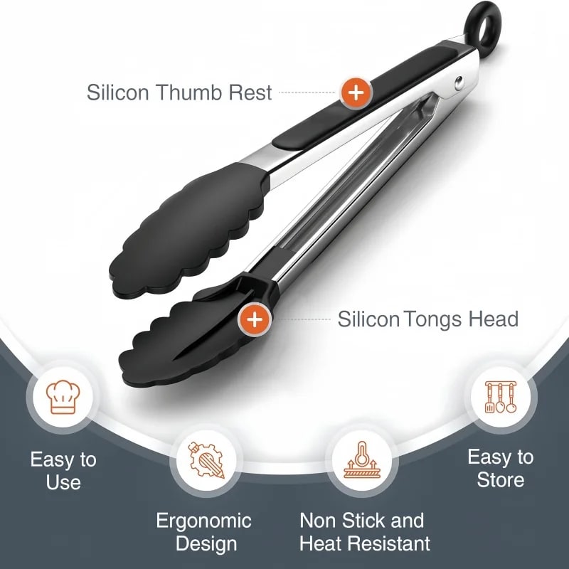 Silicone BBQ Tongs with Stainless Steel Arms, 9 or 12 Inch Options