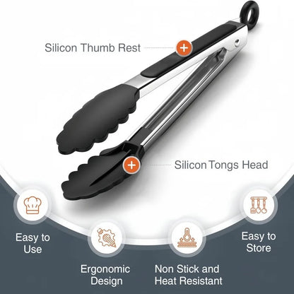 Silicone BBQ Tongs with Stainless Steel Arms, 9 or 12 Inch Options