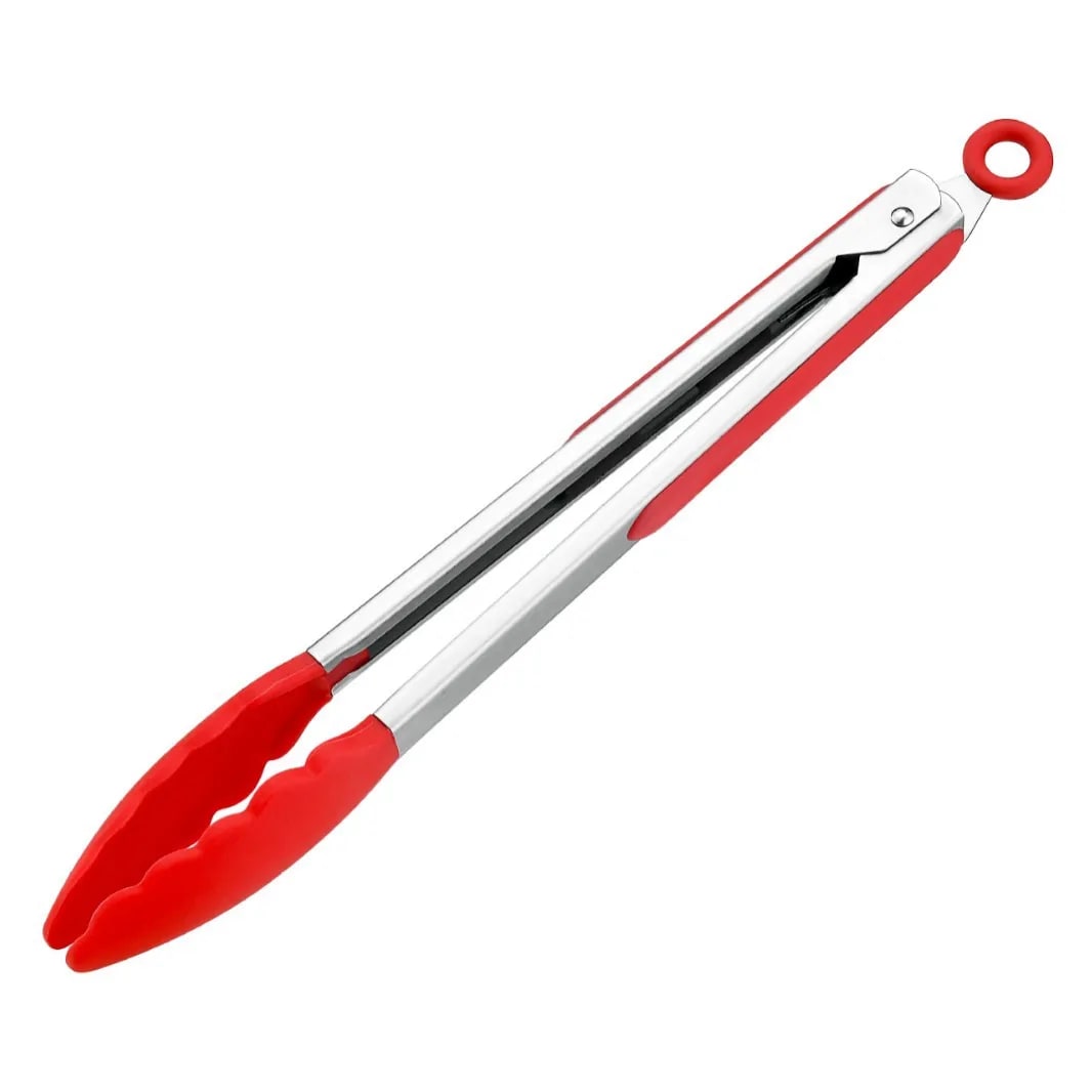 Silicone BBQ Tongs with Stainless Steel Arms, 9 or 12 Inch Options - 12 inch Red