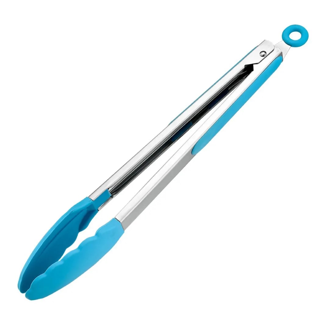 Silicone BBQ Tongs with Stainless Steel Arms, 9 or 12 Inch Options - 12 inch Blue