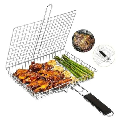 Folding Metal Iron BBQ Grill Basket with Removable Handle, 32 x 21 x 4 cm