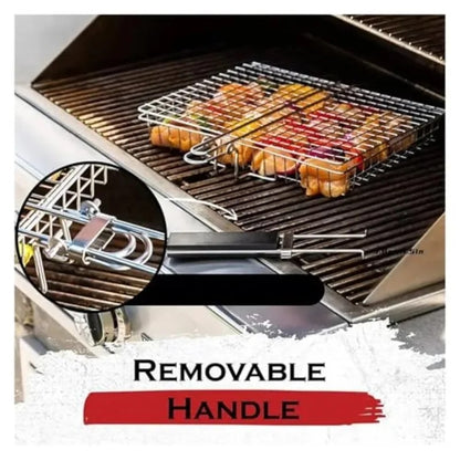 Folding Metal Iron BBQ Grill Basket with Removable Handle, 32 x 21 x 4 cm